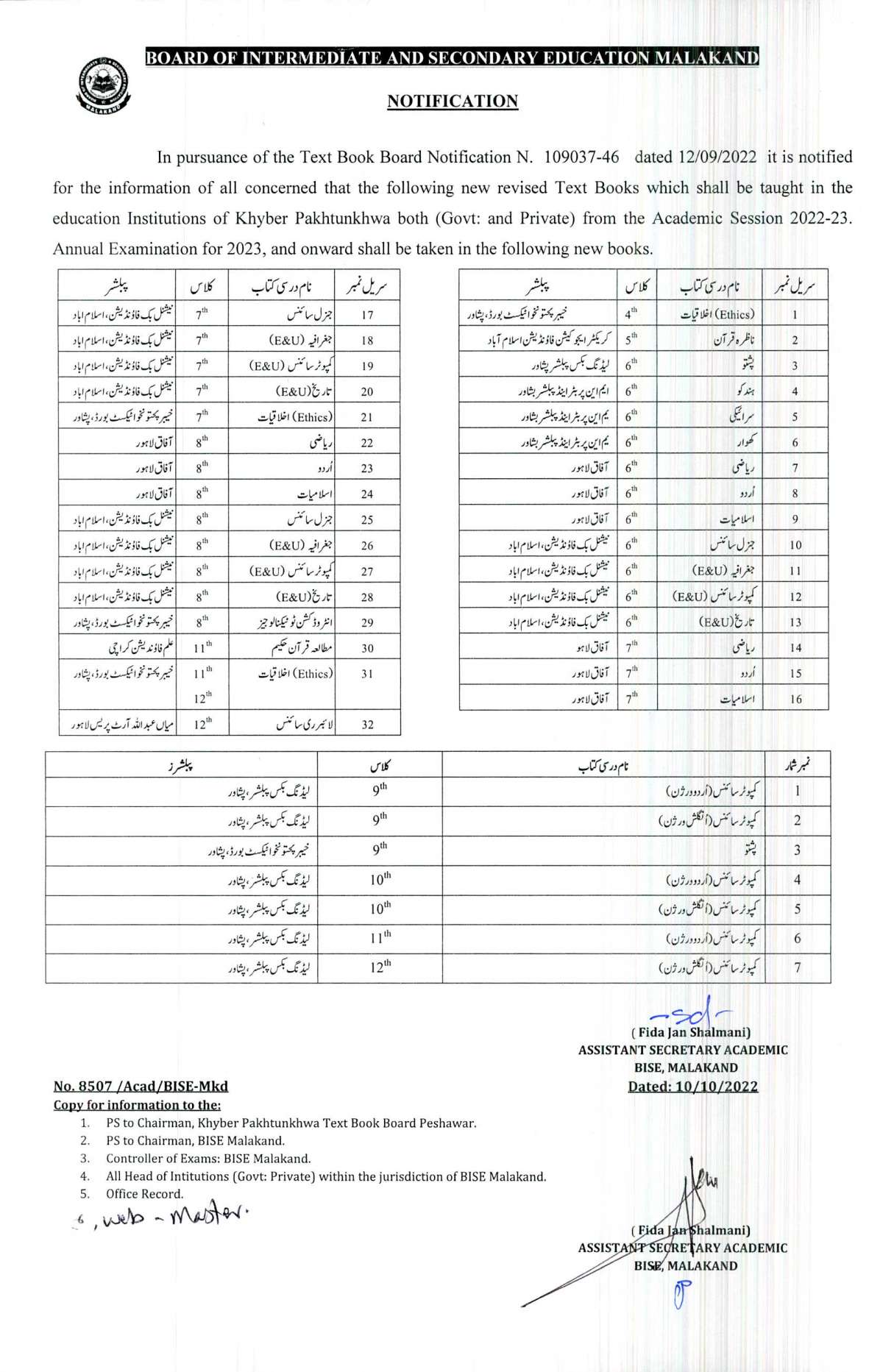 KP TEXT BOOK BOARD NOTIFICATION 2022