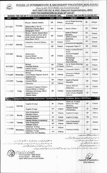 Date Sheet: SSC/HSSC (10th & 12th) Spe